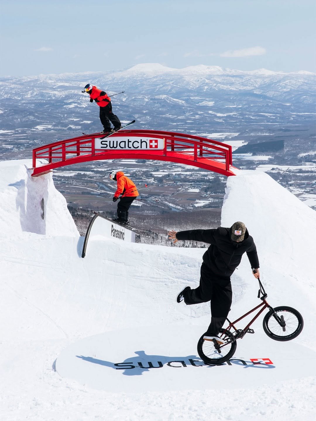 Photo shared by Red Bull Snow on April 22, 2026 tagging @swatch, @nicovuignier, @jespertjader, @matthiasdandois, @theo.acworth, and @thenines.cc. May be an image of snowboarding, ski, ski slope and text.