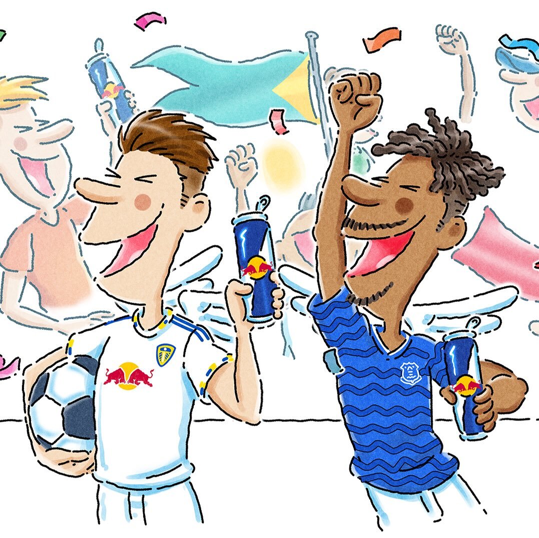 Photo shared by Red Bull UK on August 15, 2025 tagging @everton, and @leedsunited. May be an illustration of football, soccer and text.