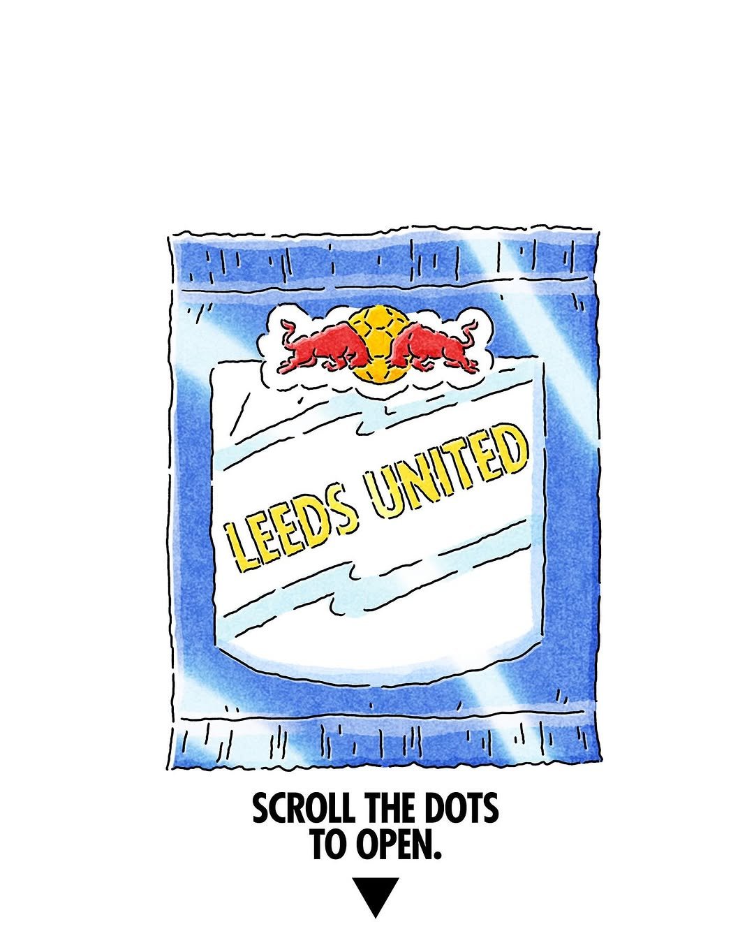 Photo shared by Red Bull UK on August 18, 2025 tagging @leedsunited. May be a graphic of poster, napkin and text that says 'LEEDS UNITED SCROLL THE DOTS TO OPEN.'.