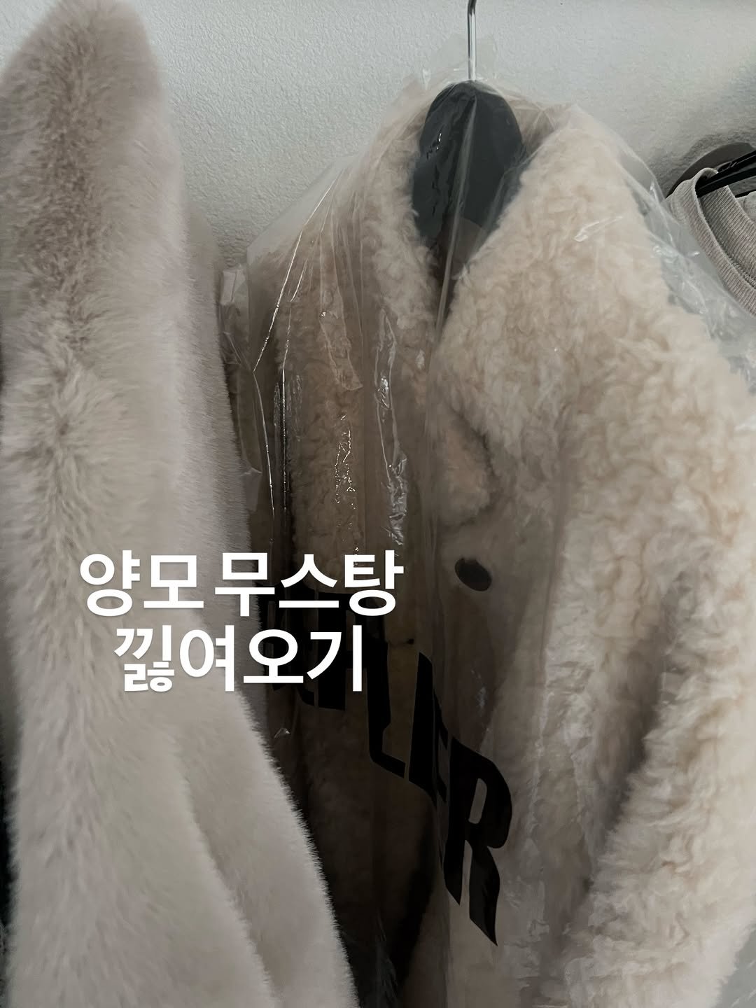 Photo by REPELLER (wholesale Clothing) on December 21, 2025. May be an image of duffle coat, sable coat, goosedown coat, parka, clothes hanger and text that says '양모 양모무스탕 끊여오기'.