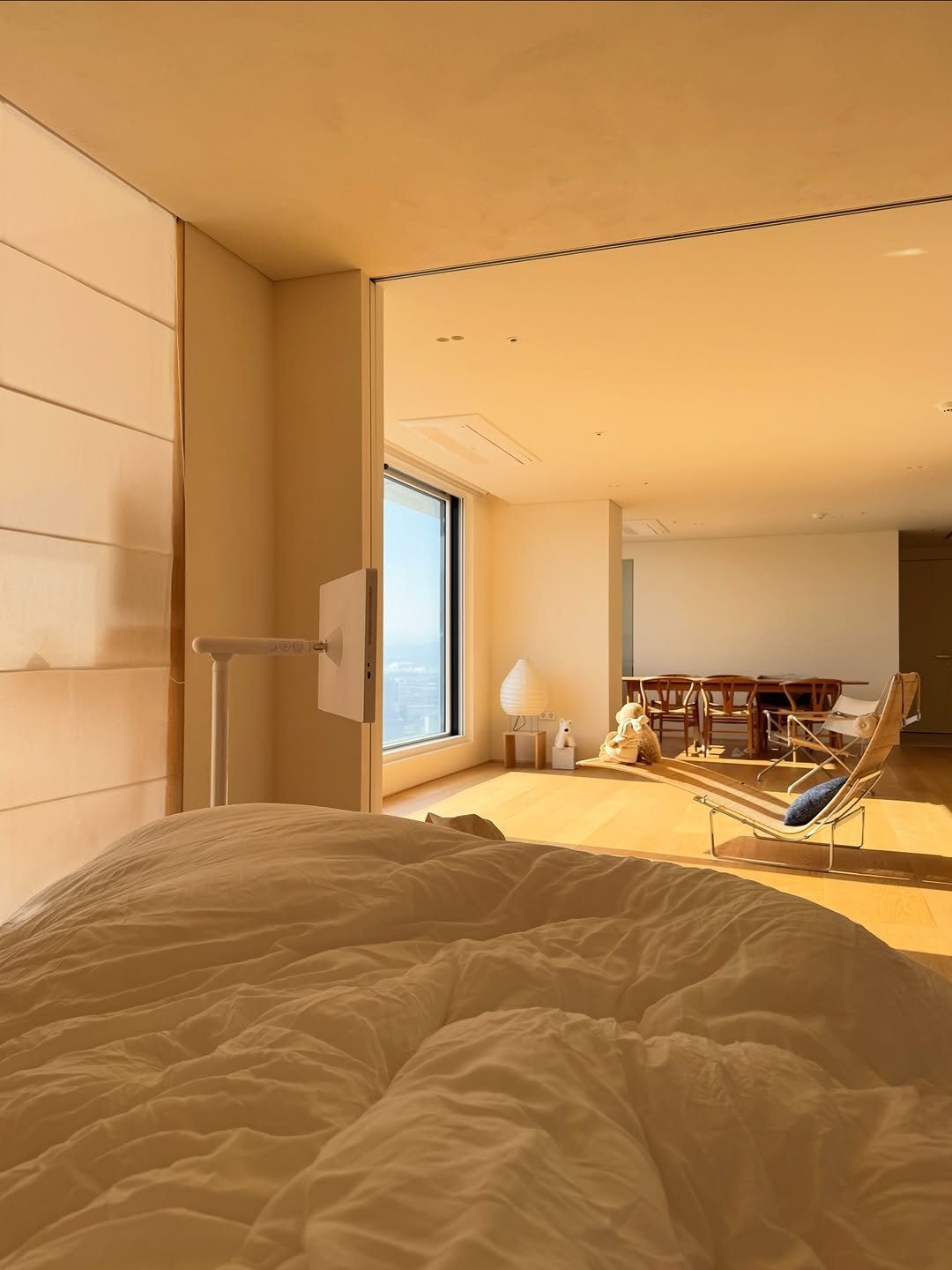 Photo by Sun Hyerim on February 01, 2026. May be an image of lighting, bed, headboard, indoors, bedroom and text.