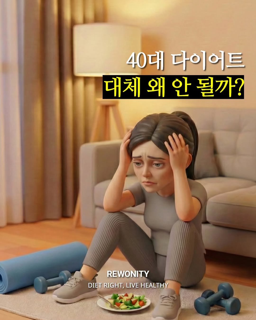 Photo by 리워니티✨️ on January 12, 2026. May be a meme of text that says '40대 다이어트 대체 대체왜안될까 왜 안 될까? REWONITY DIET RIGHT, DIETRIGHT,LIVEHEALTHY LIVE HEALTHY'.