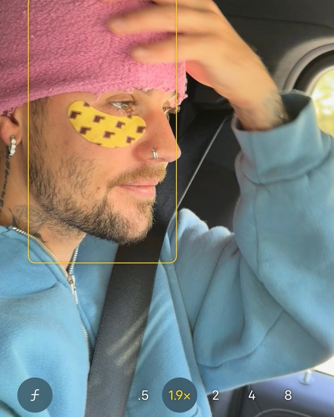 Photo shared by rhode skin on April 24, 2026 tagging @lilbieber. May be an image of one or more people, bandage, eye patch and text that says 'f .5 51.9x248 4 1.9x 2 8'.