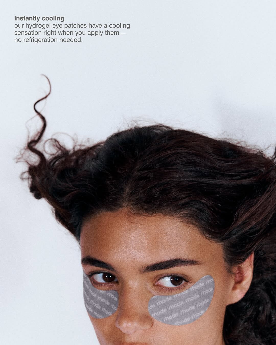 Photo by rhode skin on October 13, 2025. May be an image of 1 person, makeup, magazine and text that says 'instantly cooling our hydrogel eye patches have a cooling sensation right when you apply them- no refrigeration needed. Au ทำางตอ 。oc thoce ០ Thode mode'.