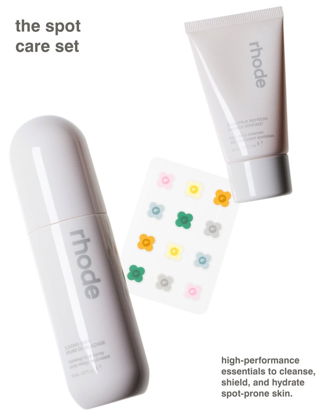 Photo by rhode skin on April 23, 2026. May be an image of hair product, fragrance, hand cream, lotion, cosmetics and text that says 'the spot care set rhode EVEREN VIVIFIANT REFRESH cleanser cleaneo rhode ACAGE soray dratant MATNG BRUME bydrating soray 2716 high-performance essentials to cleanse, shield, and hydrate spot-prone skin.'.