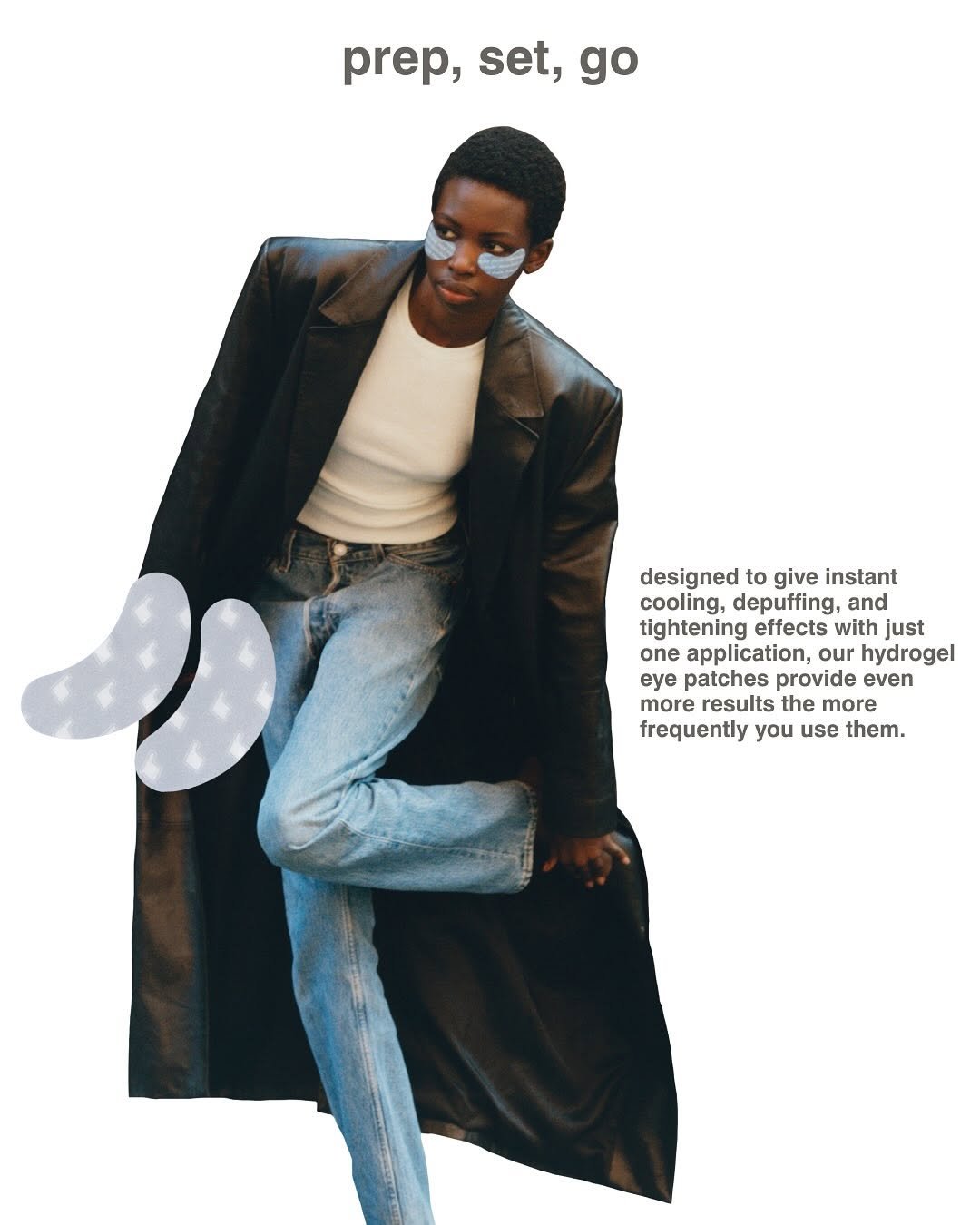 Photo by rhode skin on October 04, 2025. May be an image of 1 person, overcoat, suit, poster, magazine, toecap shoes and text that says 'prep, prep,set,go set, go designed to give instant cooling, depuffing, and tightening effects with just one onapplication, application, application,ourhydro our hydrogel ye patches provide even more results the more frequently you use them.'.