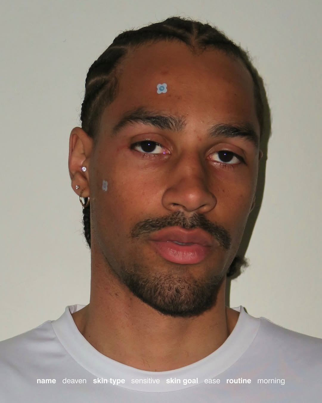 Photo by rhode skin on April 20, 2026. May be an image of one or more people, braids and text that says 'name deaven skin skintype type sensitive skin goal ease routine morning'.