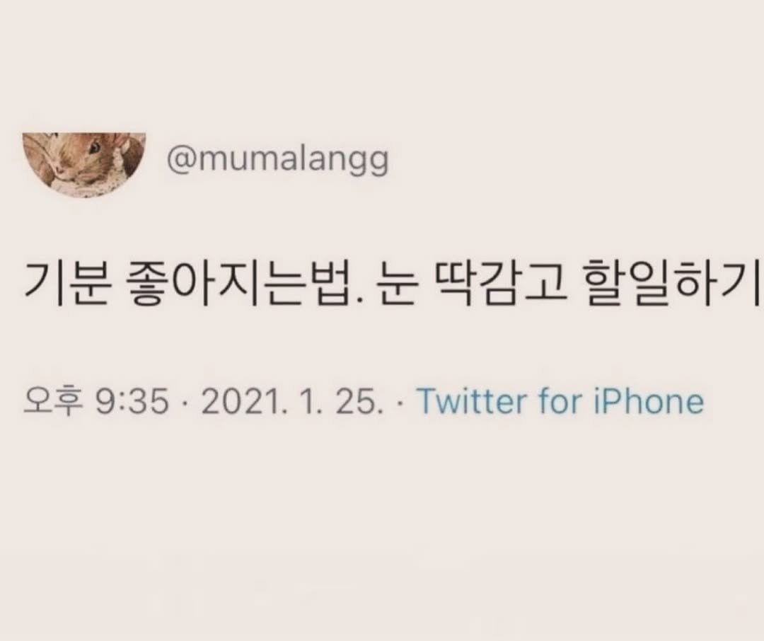 Photo by 부아c on May 15, 2025. May be an image of text that says '@mumalangg 기분 좋아지는법. 눈 딱감고 할일하기 오후 후9:35·2021.1.25. 幸9:35•2021.1.25.TwiterfriPhone 2021. 2021.1.25. 25. 9:35 Twitter for iPhone'.