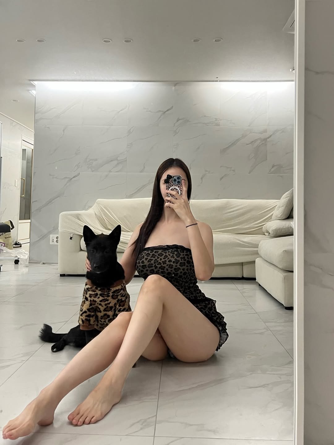 Photo by 리치 on December 03, 2025. May be an image of dalmatian, sleepwear, bra and text.