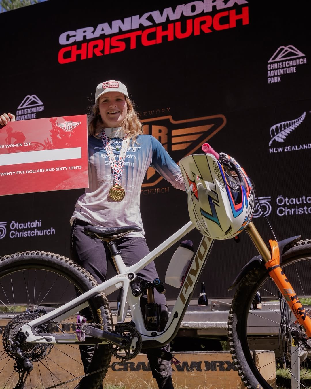 Photo shared by Ride FOX Bike on February 19, 2026 tagging @pivotcycles, and @jennnahastings. May be an image of racing vehicles and text that says 'นี GHRISTCHURCH CRANKHUR CHRISTCNERCH EDVENTUBE CHRISTCHURCH ADVENTURE PARK E WOMEN 1ST WENT MENTYFIVEDOLARSANDSIKTYCENIS FIVE DOLLARS AND SIXTY CENTS SRENCANO NEW NEWZEALAN ZEALANG Ötautahi Christchurch Ötauto Christ'.