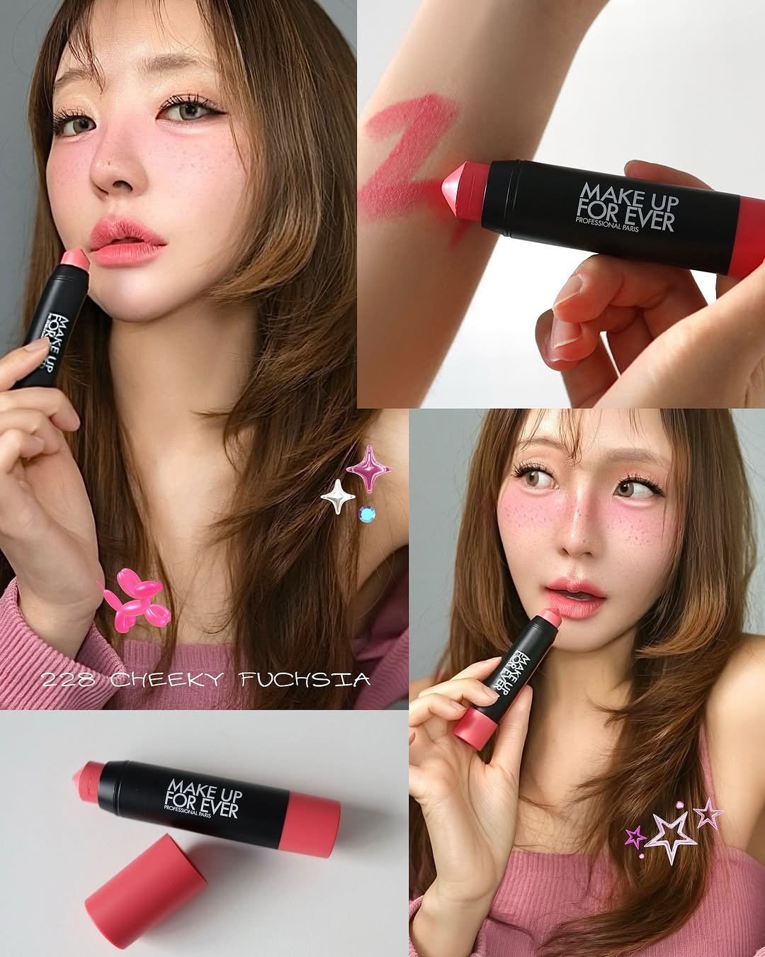 Photo shared by 𝘾𝙝𝙚𝙧𝙧𝙮🍒 on November 17, 2025 tagging @makeupforeverkorea. May be an image of one or more people, lipstick, makeup and text that says 'FOR MAKEUP FOREVER EVER 金 쌀 228 CHEEKYFUCHSIA CHEEKY FUCHSIA FUCHSIA 無務來 OK® UP MAKEUP MAKE FREVER'.