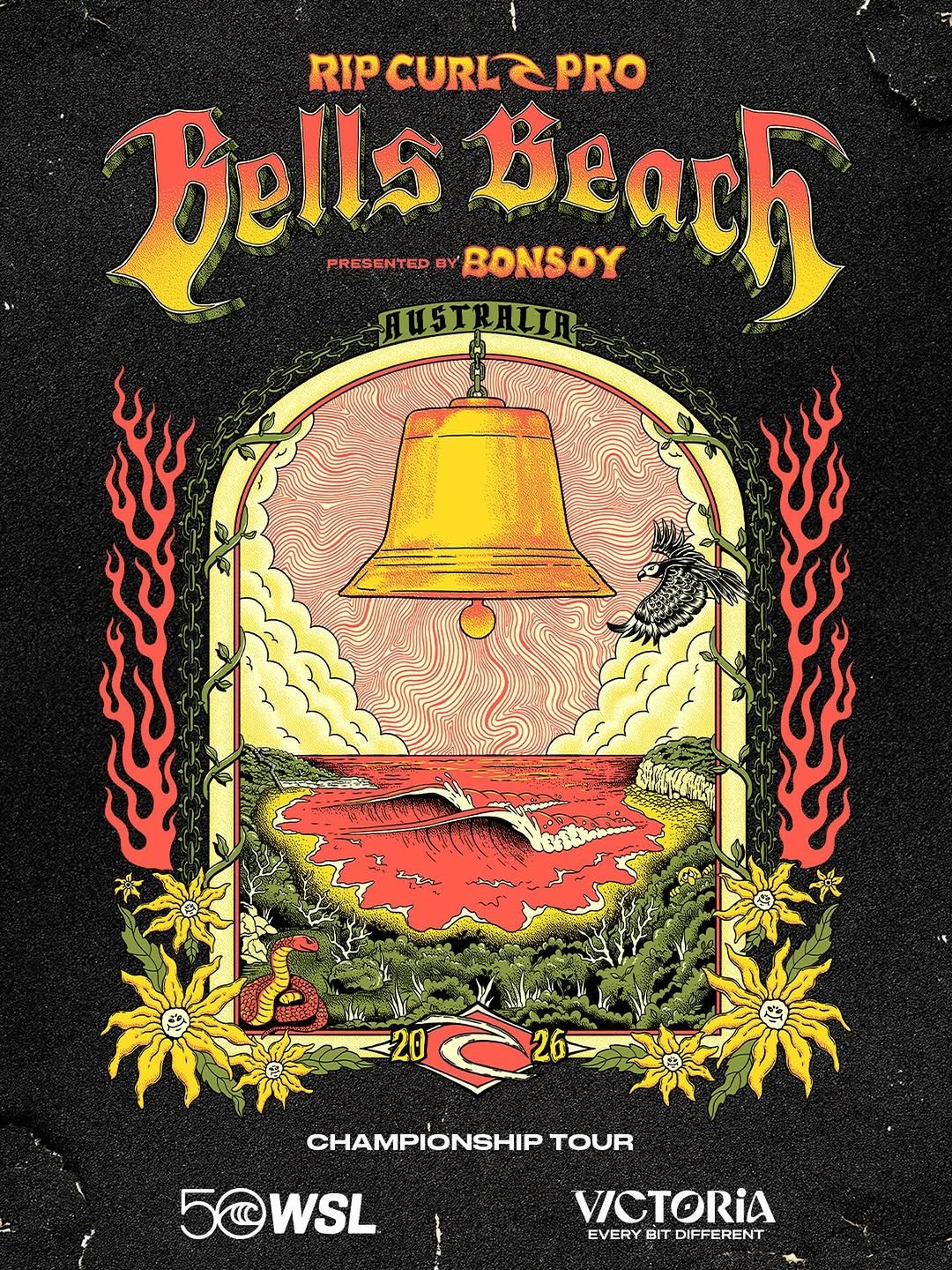 Photo by Rip Curl Brasil in Rip Curl Pro, Bells Beach, Victoria. May be an image of ‎poster and ‎text that says '‎RIP RIPCURLPRO Bells FRESETEDAYBONSOY ل BONSOY PRESENTEDB 20 CHAMPIONSHIP TOUR 50 50WSL WSL WSL1 VICTORIA EVERY EVERYBITDIFFERENT BIT DIFFERENT‎'‎‎.