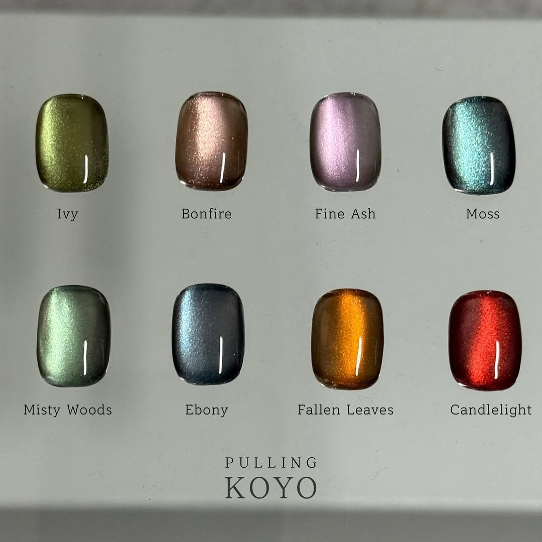 Photo shared by riposò official on September 25, 2025 tagging @99nail.mia. May be an image of one or more people, fingernails and text that says 'O Ivy 000 O Bonfire Fine FineAsh Ash Moss Misty Woods Ebony Fallen Leaves 0 Candlelight PULLINO KOYO'.