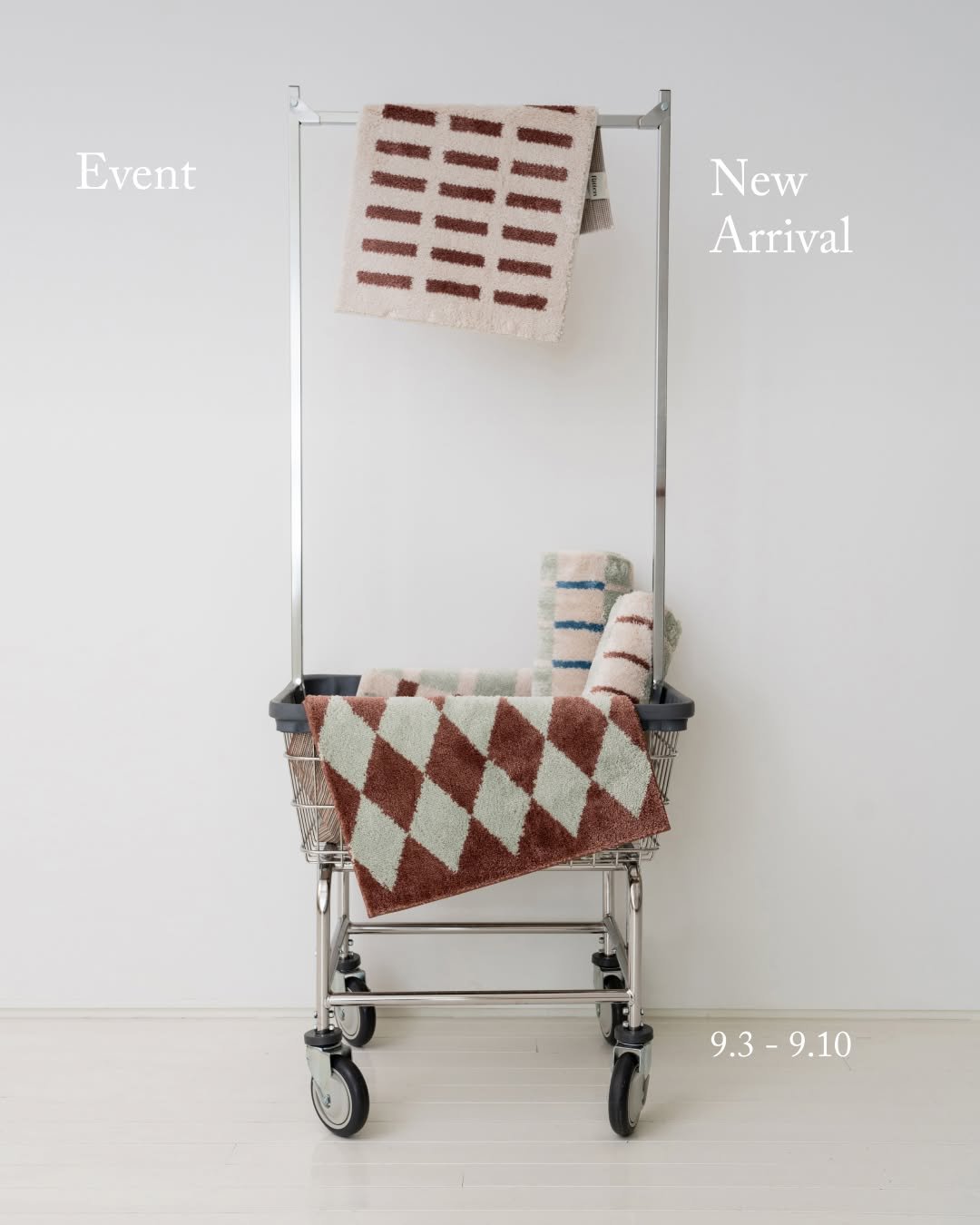 Photo by RITTEN 리튼 on September 03, 2025. May be an image of towel rack, shopping cart, baby bed, rack, buggy and text that says 'Event New Arrival 9.3-9.10 9.3 9.10'.