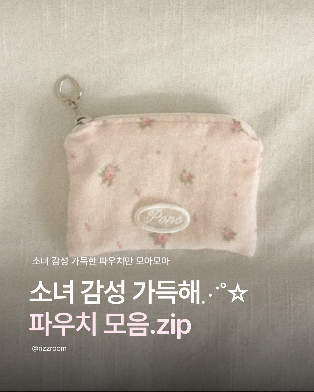 Photo by 리즈룸ㅣRIZZROOM Magazine on April 09, 2026. May be an image of pencil case and text that says 'Фono 소녀 감성 가득한 파우치만 모아모아 소녀 감성 가득해.· 파우치 모음. zip @rizzroom_'.