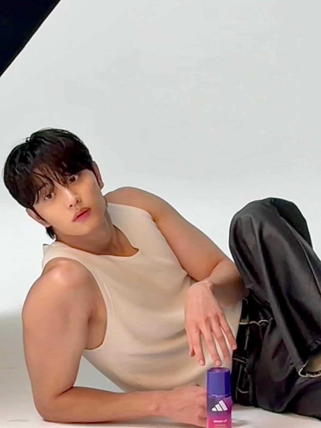 Photo shared by 김재원 on December 22, 2025 tagging @adidas. May be an image of one or more people, biceps, hair product, hand cream, lotion and text.