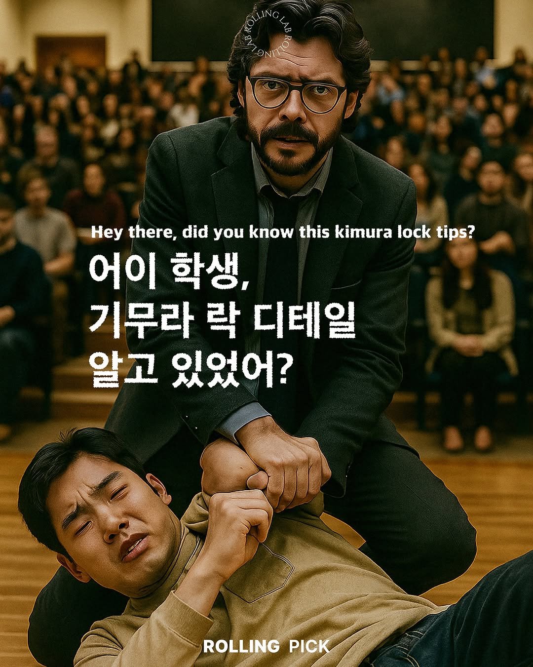 Photo by rolling lab 롤링랩 on September 17, 2025. May be an image of 4 people, poster and text that says 'Hey there, did you know this kimura lock tips? 어이 어이학생, 학생, 기무라 락 디테일 알고 있었어? ROLLING PICK'.