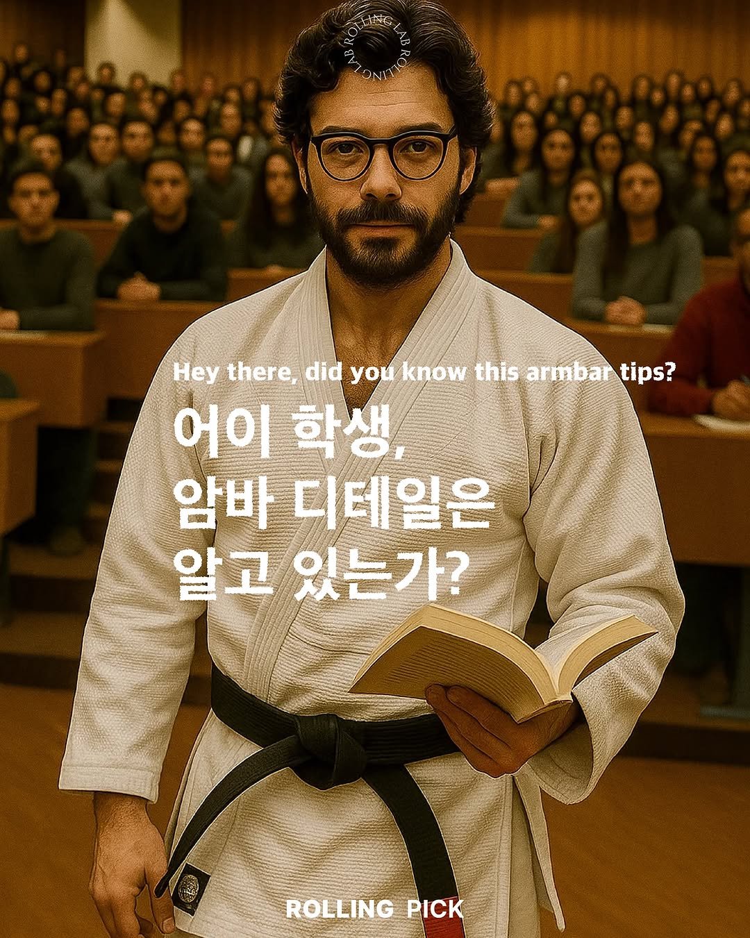 Photo by rolling lab 롤링랩 on September 24, 2025. May be an image of 2 people, poster and text that says 'Hey there, did you know this armbar tips? 어이 학생, 어이학생, 電 암바 티테일은 알고 있는가? F ROLLING PICK'.