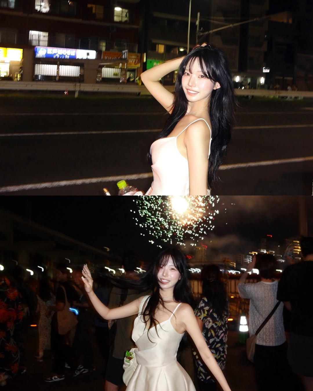 Photo by 은방울 on August 04, 2025. May be an image of one or more people, hair, sparkler, dress, fireworks, night and text.