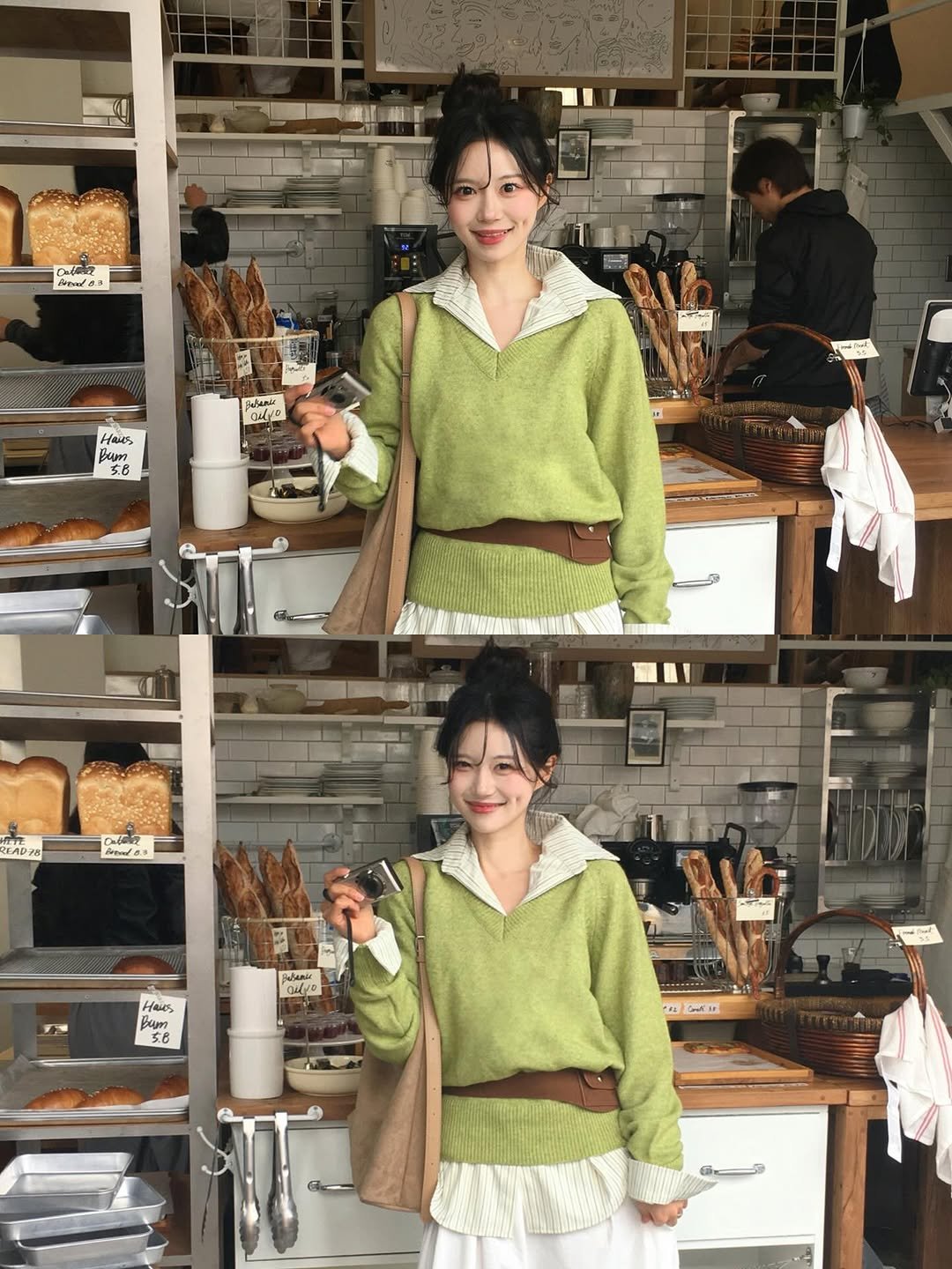 Photo shared by 노정화 on February 22, 2026 tagging @dayroze_official. May be an image of sweater, cardigan, knit, apron and text.
