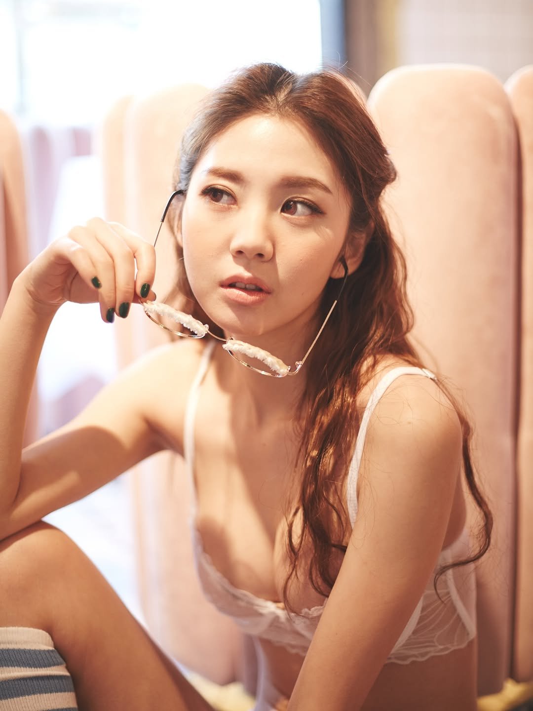 Photo by 락채은 (Freelance Model) on January 19, 2026. May be an image of one or more people, braids, makeup, slip, sleepwear, bra, chemise and text.