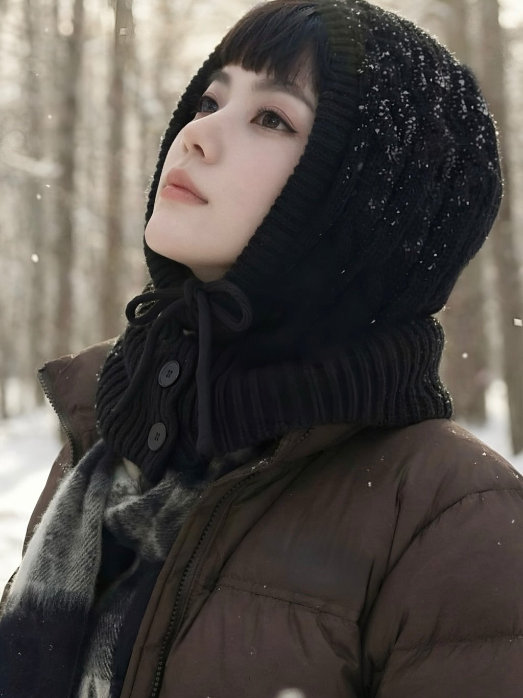 Photo shared by 락채은 (Freelance Model) on January 22, 2026 tagging @nuartstudio_. May be an image of one or more people, makeup, scarf, duffle coat, cloak, parka, turtleneck, snow and text.