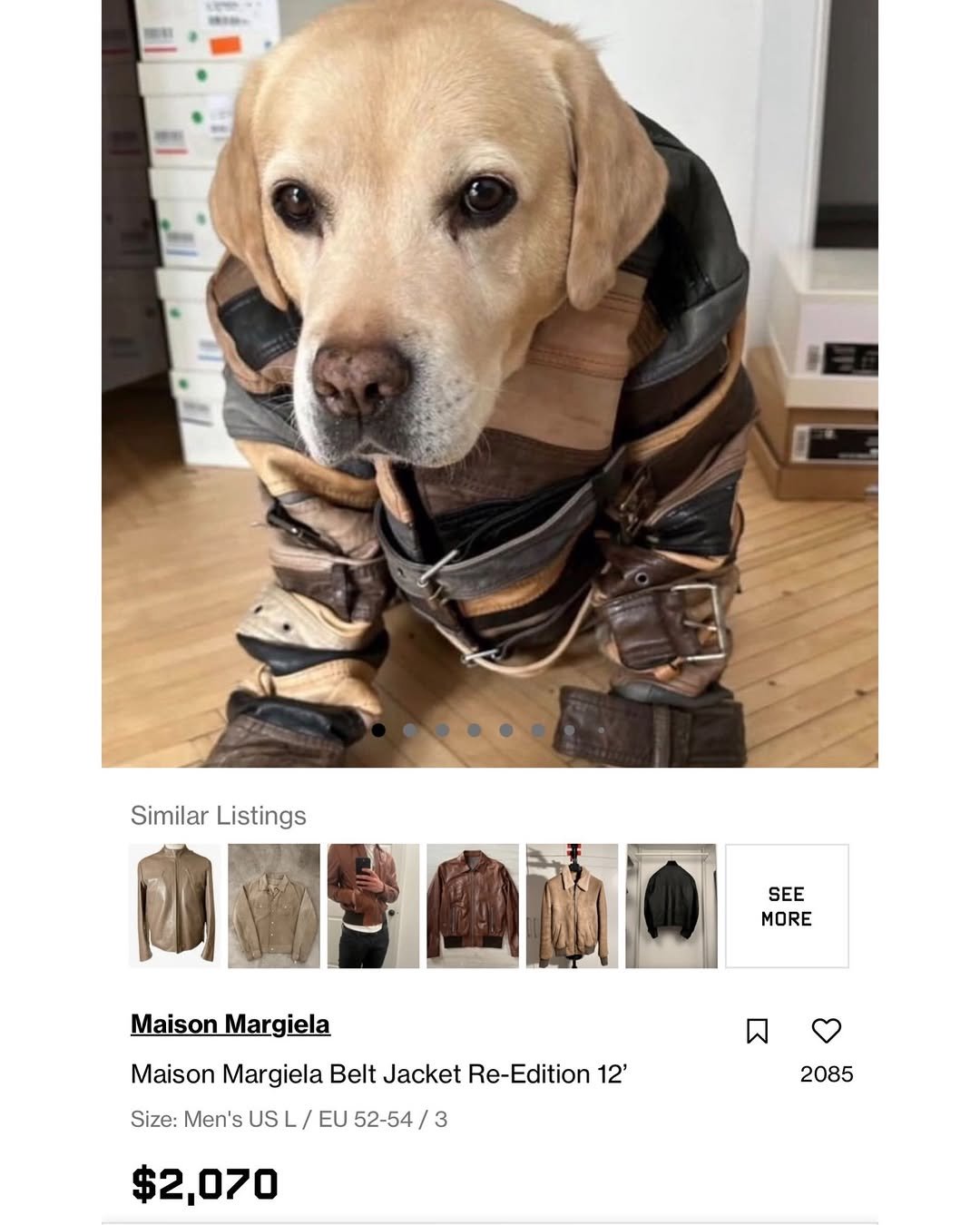 Photo shared by SEONGSU KIM on February 10, 2026 tagging @maisonmargiela. May be an image of dog, costume and text that says 'Similar SimilarListings Listings SEE MORE Maison MaisonMargiela Margiela Maison Margiela Belt Jacket Re-Edition Re- 12' Size: Men' US EU 52-54/3 2085 $2,070 070'.