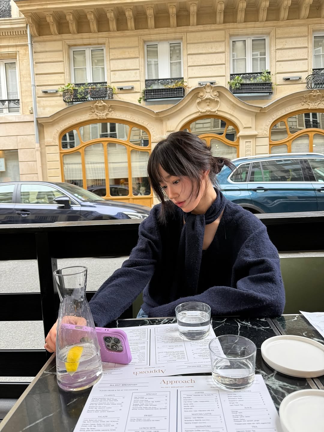 Photo shared by 노윤서 on October 06, 2025 tagging @balenciaga. May be an image of 1 person, beret, cornflower and text.