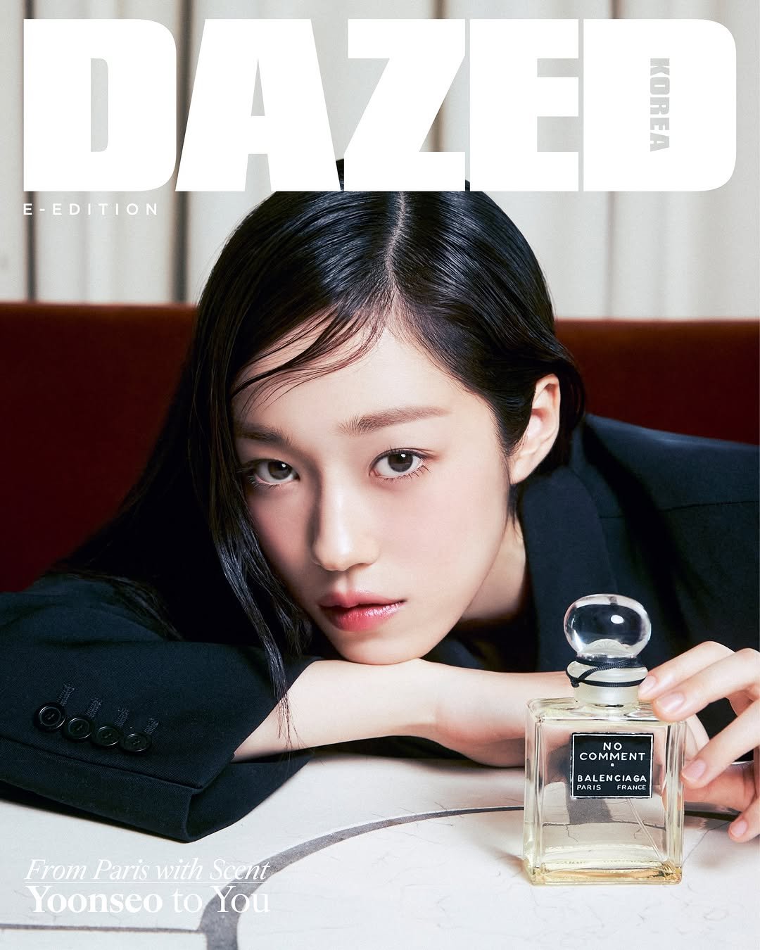 Photo shared by 노윤서 on December 11, 2025 tagging @balenciaga, and @dazedkorea. May be an image of one or more people, makeup, perfume, magazine and text that says 'DAZE ORE 3R E-EDITION ION O COMMENT BALENCIAGA BALL 1 商日 PRM18PHAMER PHAMEK -RAmeK From Paris with Scent Yoonseo to You'.