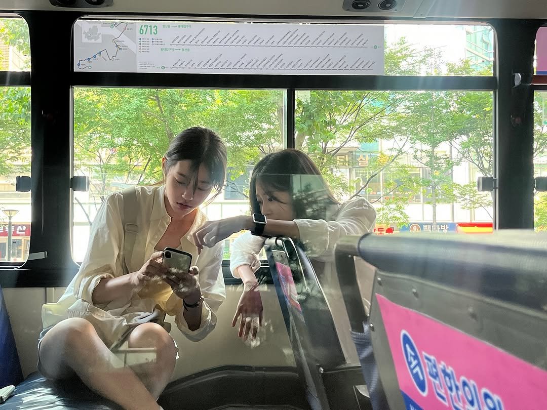 Photo shared by 노윤서 on September 26, 2025 tagging @bluecages, and @minn.__.ju. May be an image of 2 people, cablecar, bus and text.