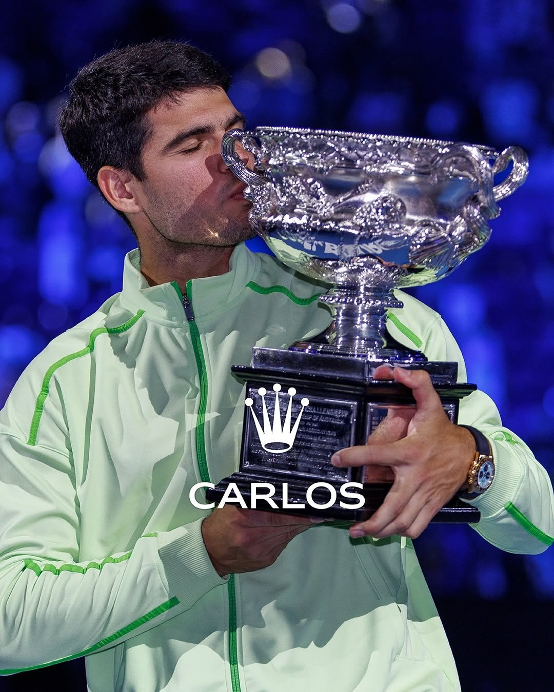 Photo shared by ROLEX on February 01, 2026 tagging @australianopen. May be an image of tennis, racket and text that says 'ዩአክመ CARLOS'.