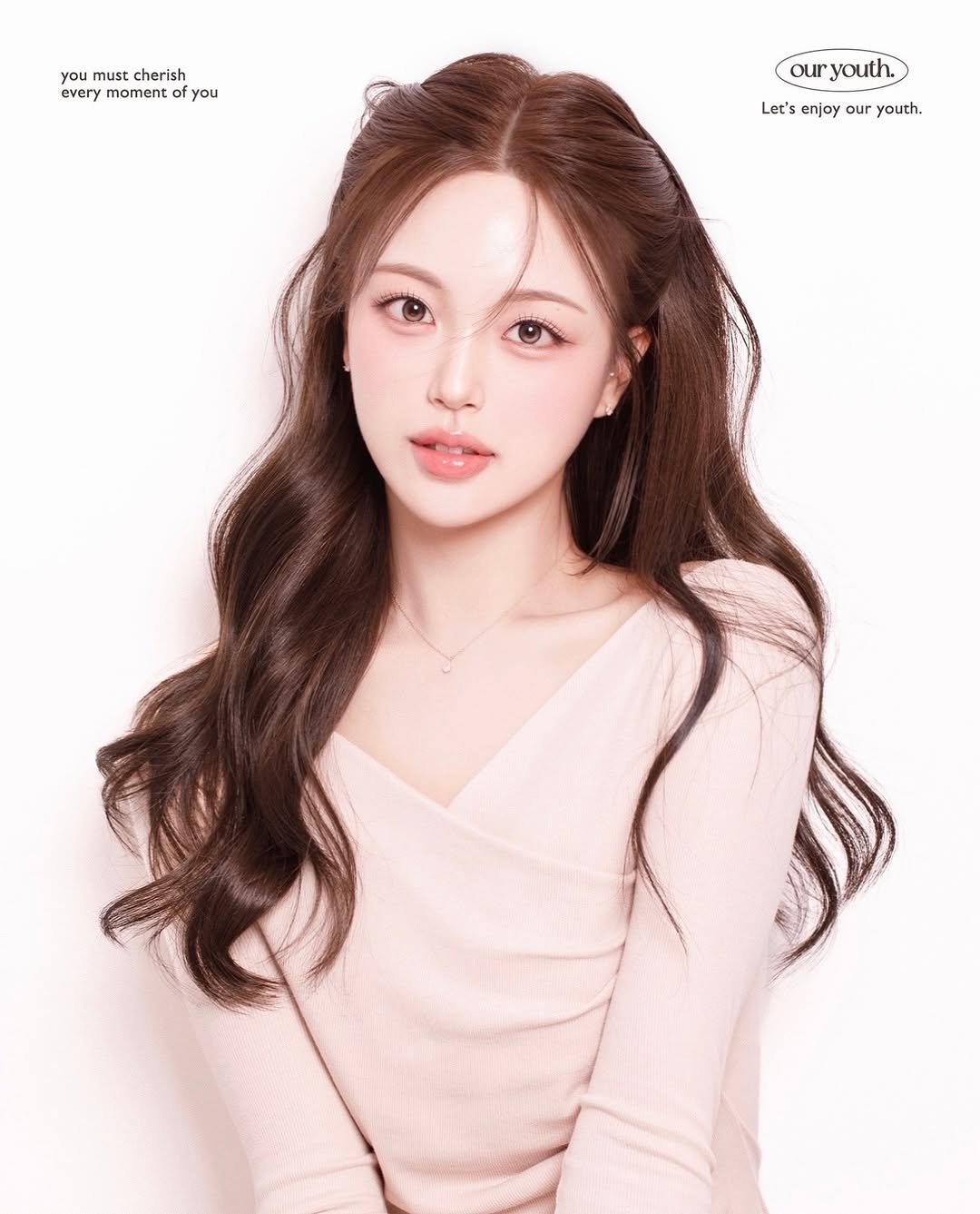 Photo by 롤링제이 메이크업 채원실장 on September 15, 2025. May be an image of 1 person, hair, makeup and text that says 'you must cherish every moment everymomentof of you our youth. Let's enjoy Let'senjoyouryouth. our youth.'.