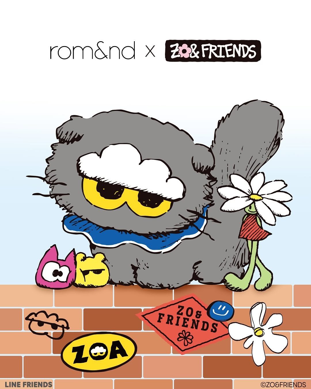 Photo shared by 롬앤 romand official on October 23, 2025 tagging @zonfriends_official. May be pop art of text that says 'rom&nd X ZO& FRIENDS hu LINE FRIENDS ZOA FRIENDS 20& 水 *3 ©ZO&F ©ZO&FRIENDS'.