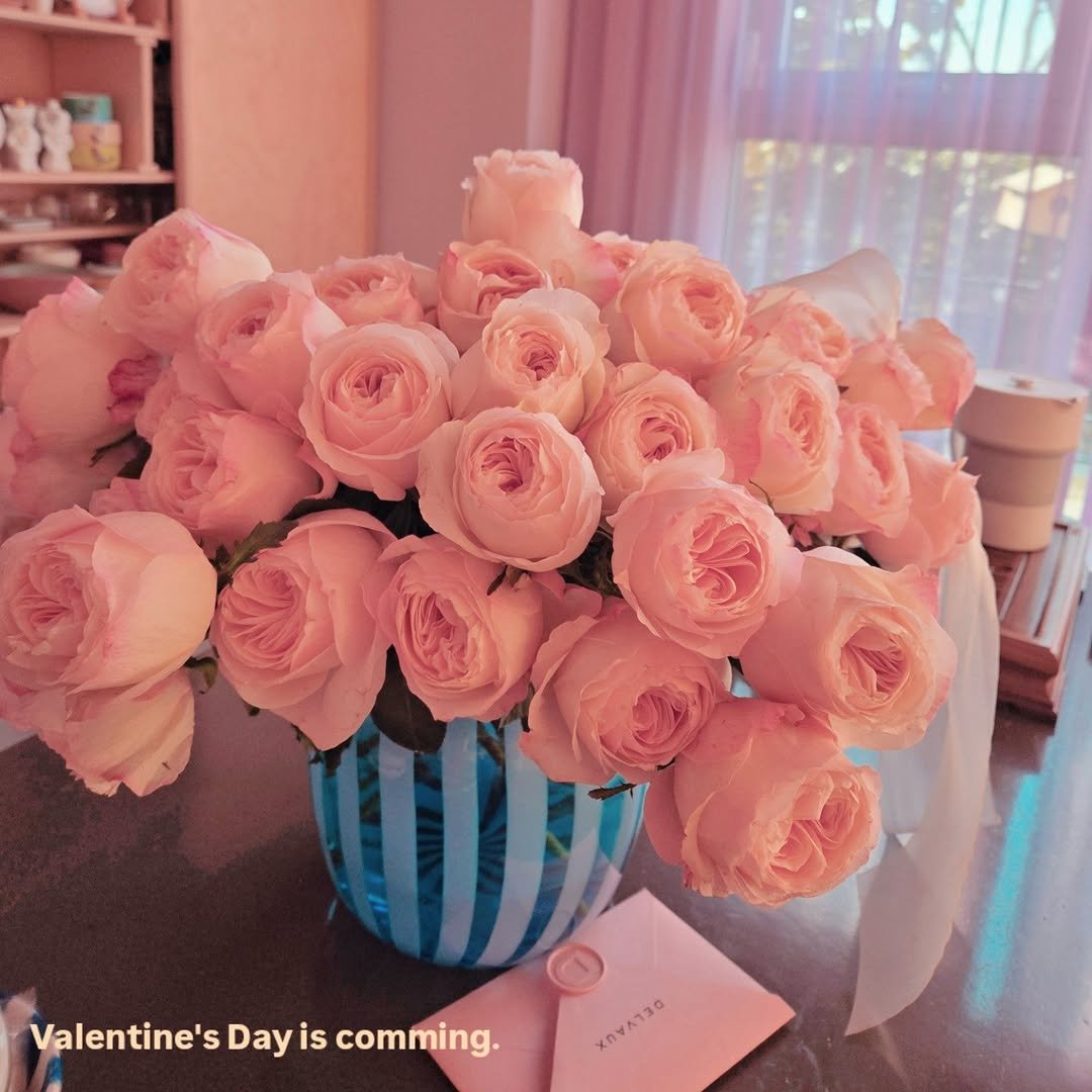 Photo shared by Hjk on February 07, 2026 tagging @delvaux. May be an image of heart, flower arrangement, vase, bouquet, prairie gentian, baby's-breath, rose, carnation and text that says 'Valentine's Day Valentine'sDayiscomming. Dayis is comming. ORVYTY ΚΟΥΛΤΙΟ'.