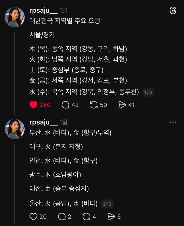 rpsaju_ 게시물 이미지: 대한민국 지역별 강한 오행