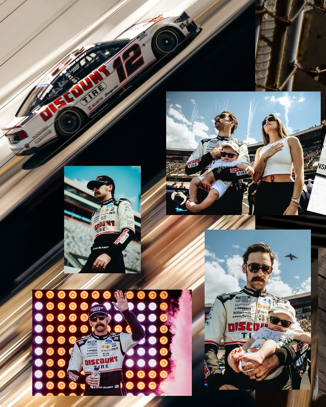 Photo shared by Ryan Blaney on April 13, 2026 tagging @giannatulio, @fordracing, @team_penske, and @discount_tire. May be an image of racing vehicles, poster, race car and text.