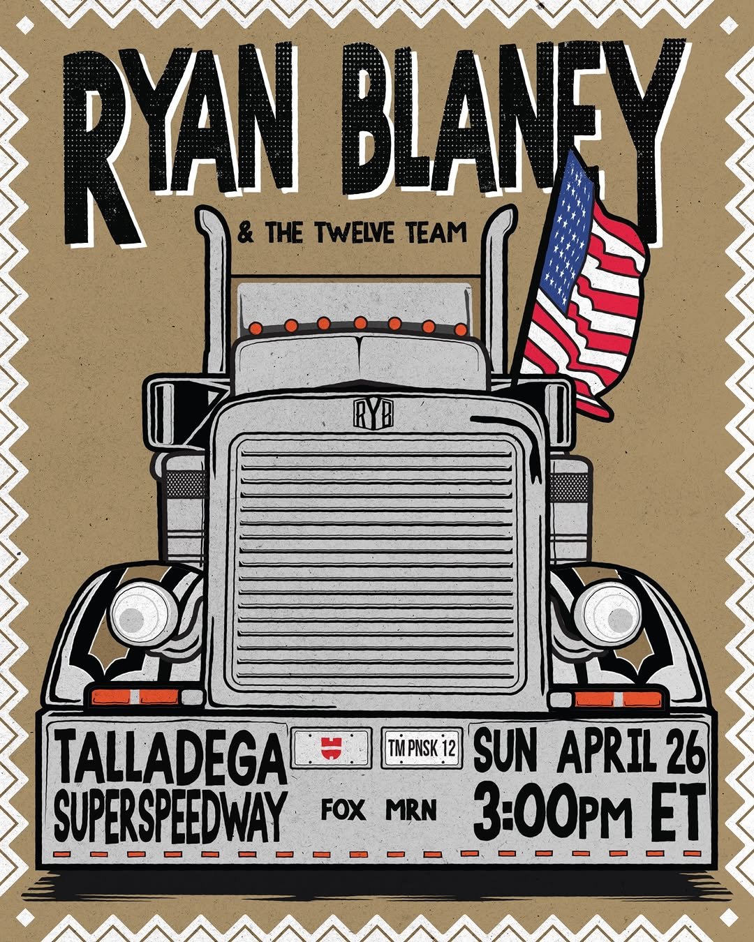 Photo shared by Ryan Blaney on April 24, 2026 tagging @fordracing, @team_penske, @talladega, @wurth_usa, @drivebytruckers, and @nascaronfox. May be an image of poster and text that says 'RYAN & THE TWELVE TEAM BLANEY TALLADEGA SUPERSPEEDWAY FOX MRN TM PNSK 2 SUN APRIL 26 3:00M ET'.