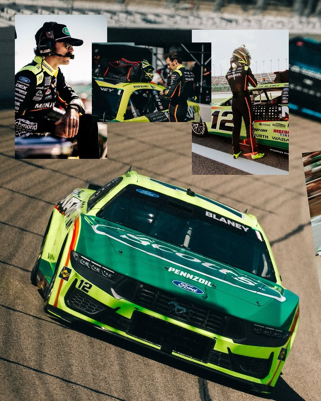 Photo shared by Ryan Blaney on April 20, 2026 tagging @fordracing, @team_penske, and @menardsracing. May be an image of racing vehicles, race car and text.