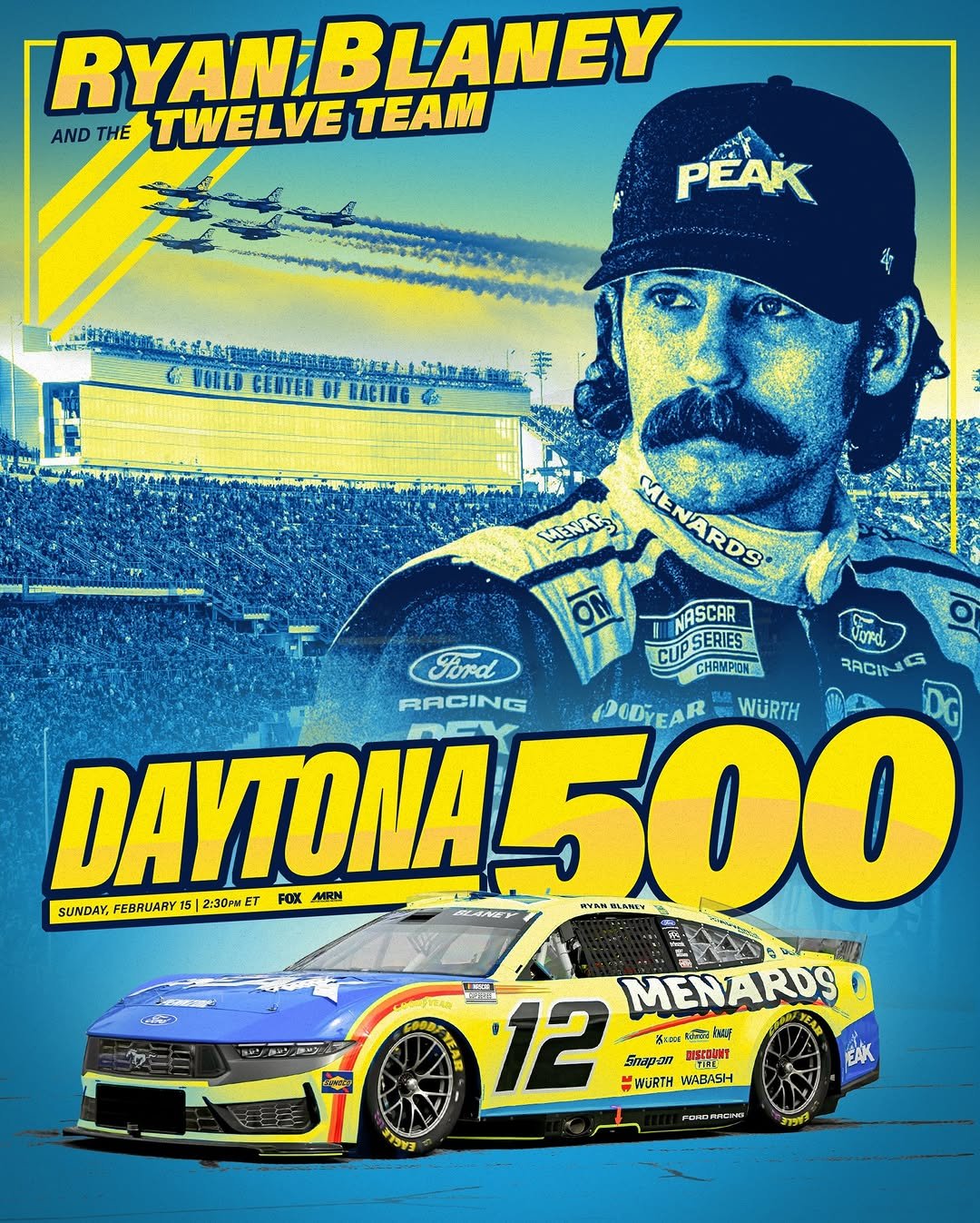 Photo shared by Ryan Blaney on February 13, 2026 tagging @fordracing, @team_penske, @nascaronfox, and @menardsracing. May be an image of racing vehicles, race car, poster and text.