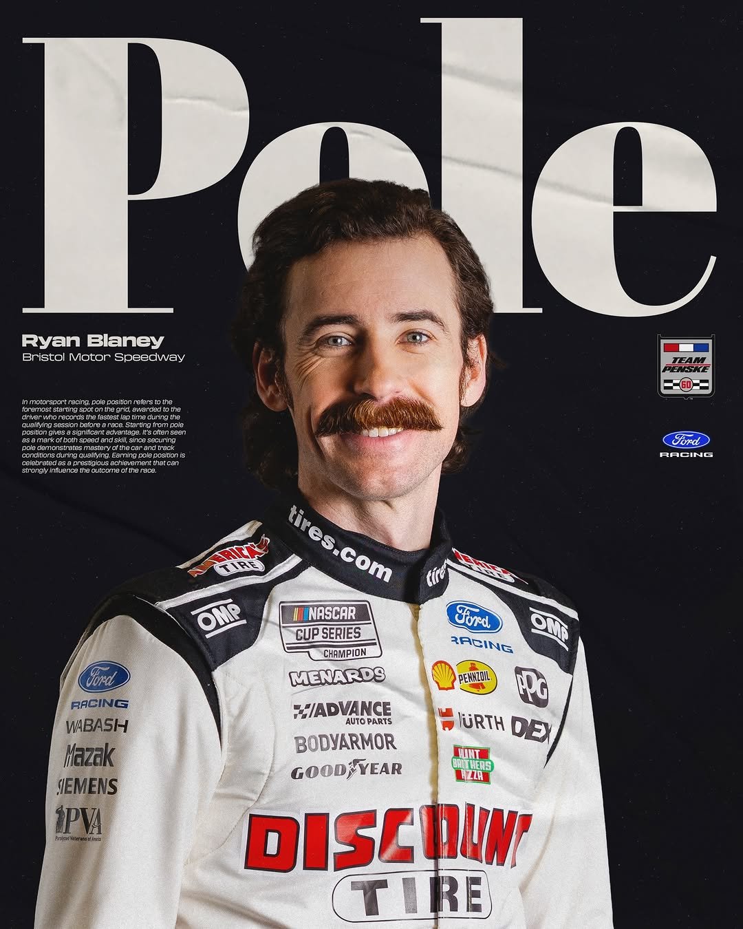 Photo shared by Team Penske on April 11, 2026 tagging @ryanblaney10, and @discount_tire. May be an image of racing vehicles, magazine, poster and text.