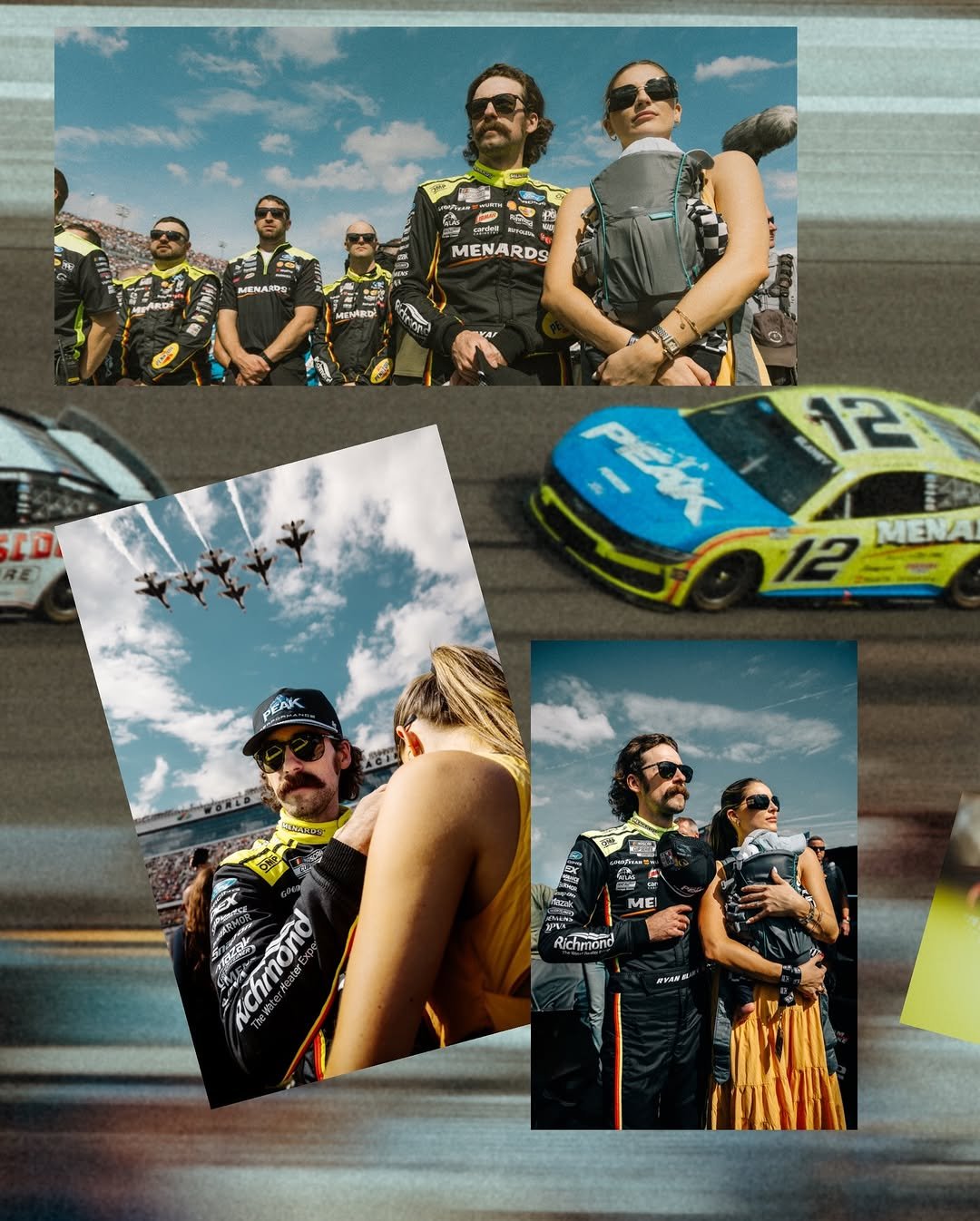 Photo shared by Ryan Blaney on February 16, 2026 tagging @giannatulio, @fordracing, and @menardsracing. May be an image of racing vehicles, race car, poster and text.