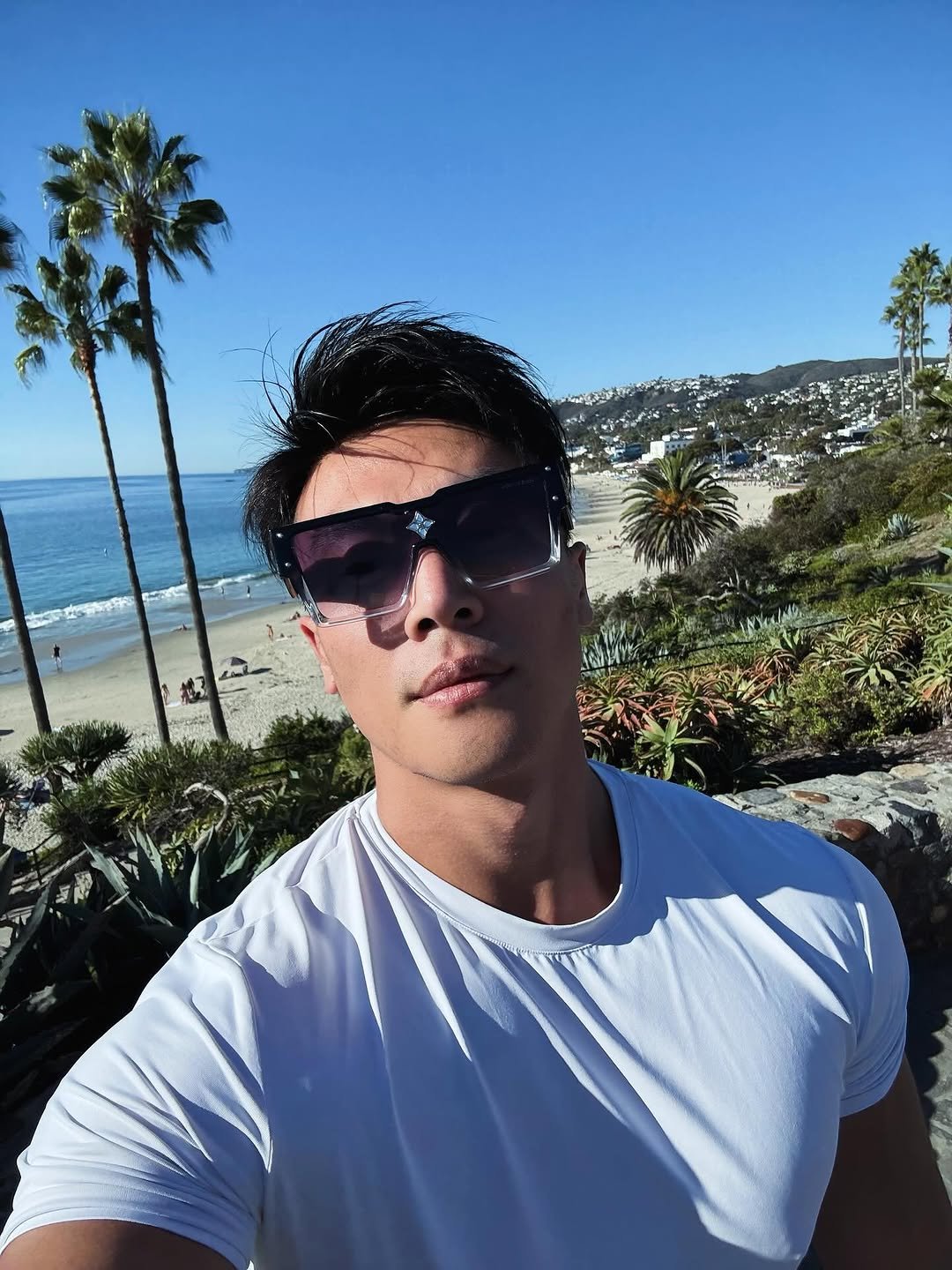 Photo by Ryan Ding on October 20, 2025. May be a selfie of beach, ocean, palm trees and text.