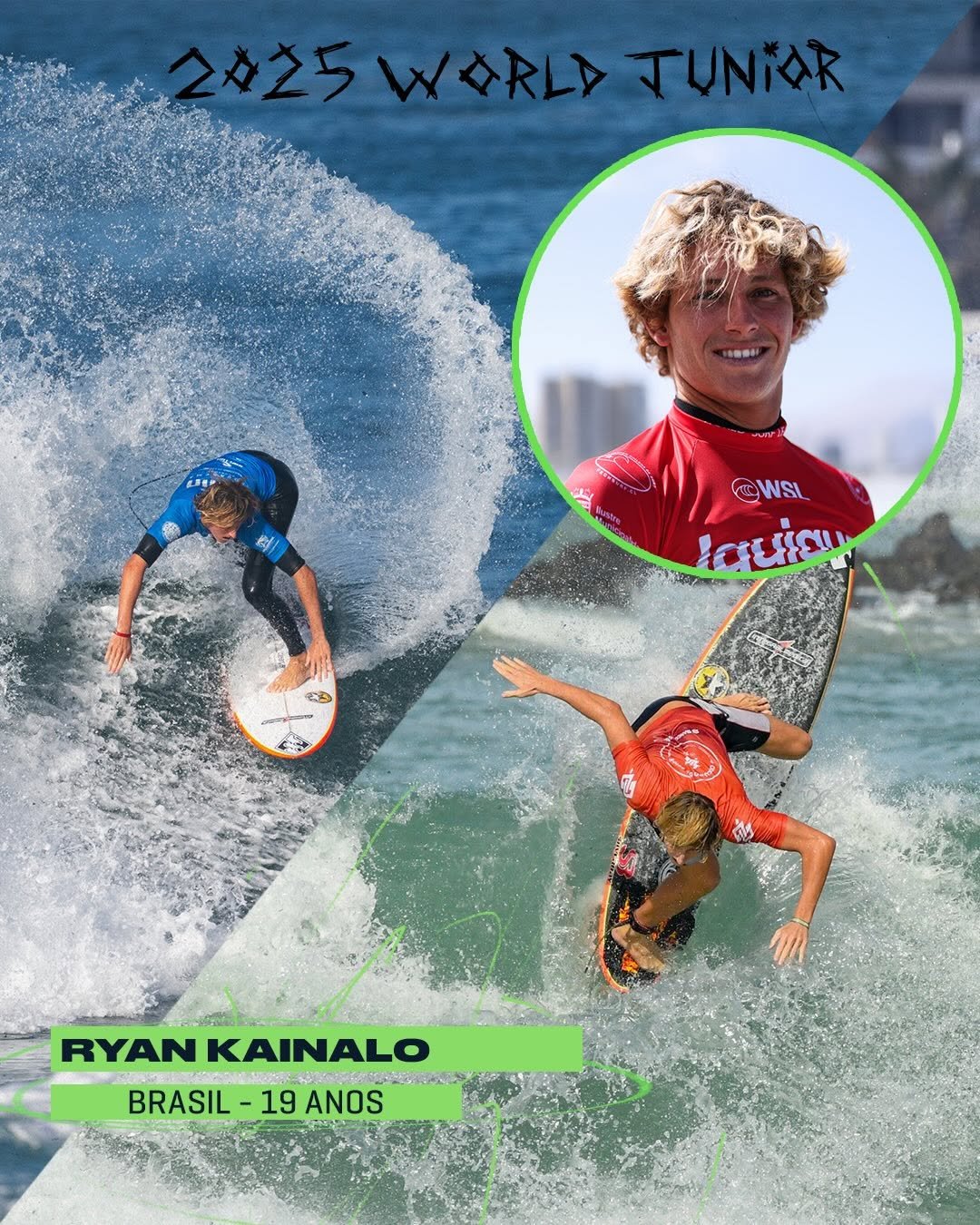 Photo shared by World Surf League Brasil on January 02, 2026 tagging @wsl, and @ryankainalo. May be an image of surfboard, wetsuit, poster, water and text that says '月之5 WORLA TUNAAR ©WSL สรรัม M RYAN RYANKAINALO KAINALO BRASIL- BRASIL-19ANOS -19 ANOS'.