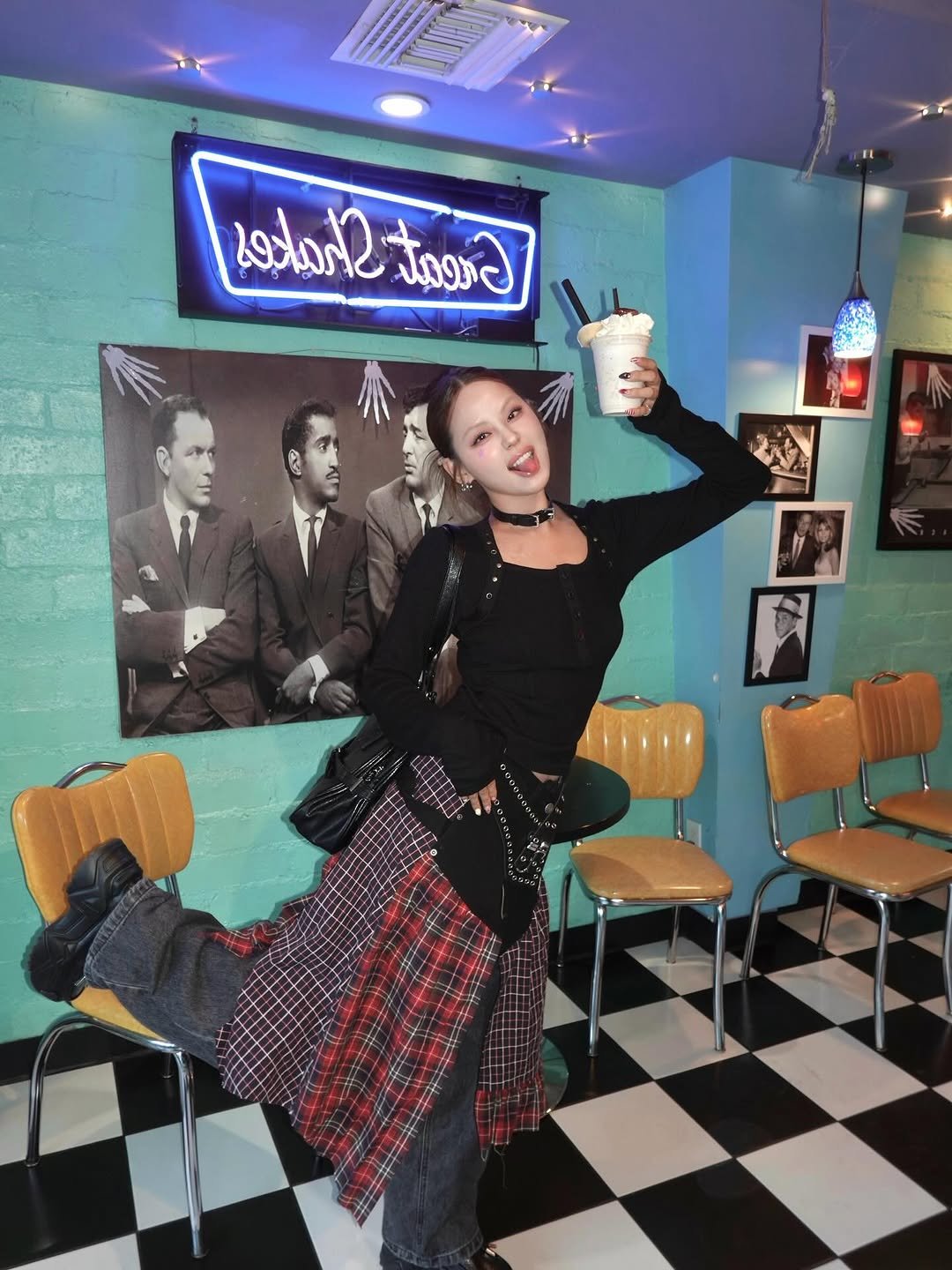 Photo shared by 령령 𝐑𝐲𝐞𝐨𝐧𝐠𝐫𝐲𝐞𝐨𝐧𝐠 ♡⁼³₌₃ on November 17, 2025 tagging @vacant_archive. May be an image of ice cream, headscarf, checker board, kilt, fishnet stockings and text.