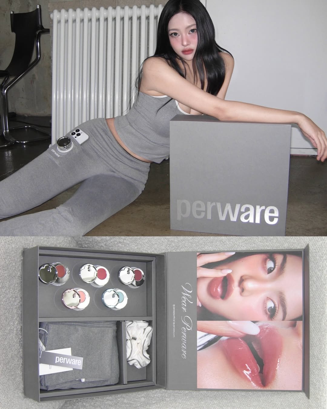 Photo shared by Subin Shin on December 13, 2025 tagging @perware.official. May be an image of one or more people, makeup, kitchenware, box, tights and text that says 'erware perware perware Te Wear A Perware a e'.