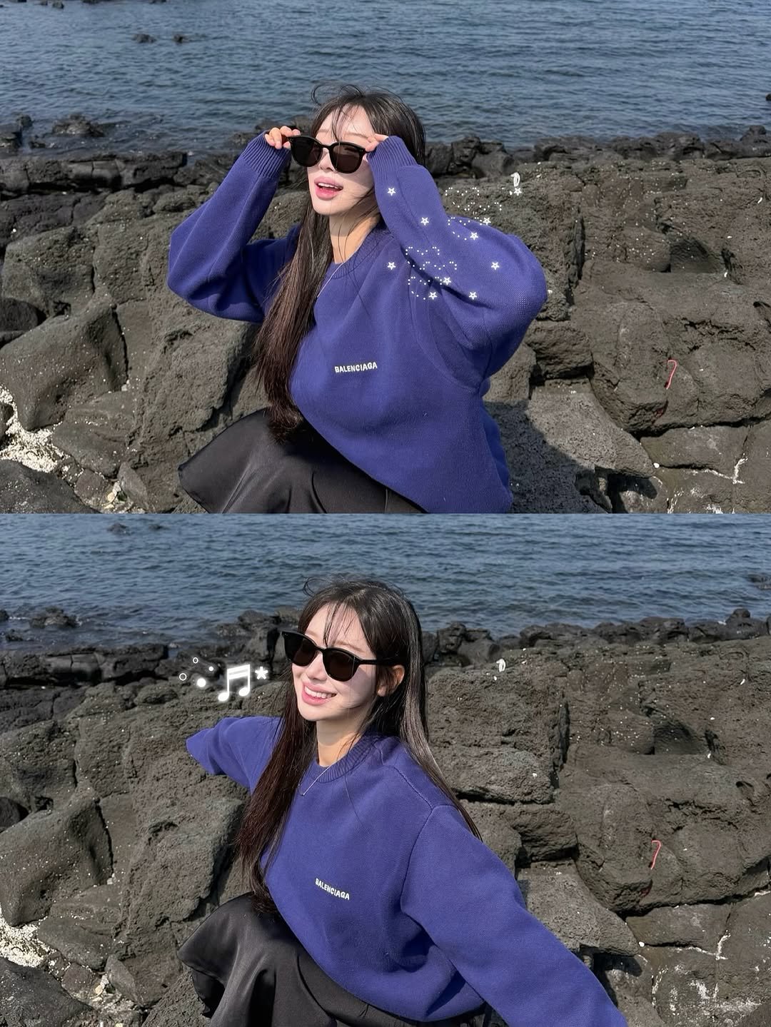 Photo by 우수한 禹洙漢🎀 on March 26, 2026. May be an image of one or more people, hair, duffle coat, parka, beach and text.