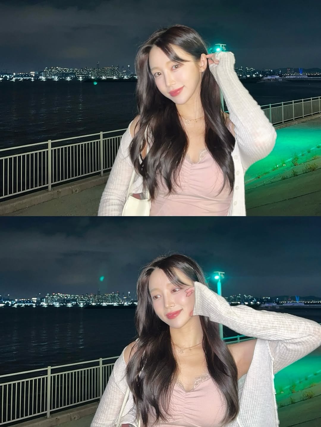 Photo by 승지 on September 05, 2025. May be an image of 2 people, hair, top, outdoors, night and text.