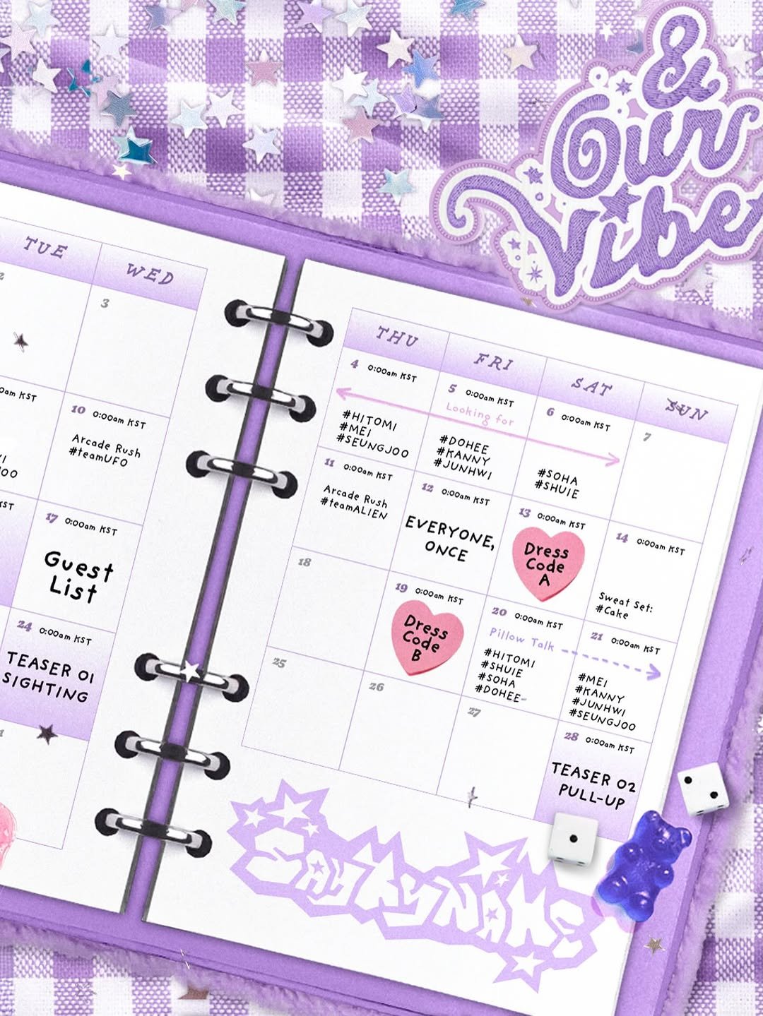 Photo by SAY MY NAME (세이마이네임) on December 02, 2025. May be an image of diary, binder, calendar, pencil case and text that says 'TUE WED 3 Pom KST GWr ebN አዞህ 0.00am KST 10 GTODam AST Arcade teamUFo Rush o ST SAT 6 0:0၀ ST FRI 5 :00. WST Looking for #SEUNGJOO #MEI OM/ #DOHEE 11 KST JUNHWI Areade 12 ១ាបប ST #teamALIEN EVERYONE, ONCE รียลง 18 17 0:00arh RST Guest List 24 0:00am AST TEASER SIGHTING οι #SOHA #SHUIE 13 ១:០០០១ RST Dress Code A 14 aro0am 19 0.0Dam ST Dress #5 Sweat #Cake Set: 21 0100am 加す 20 0.00om ST Pillow #SHUIE HTOM Talk A DOHEE- 27 26 #MEI #KANNY #SEUNGJOO 28 0:0Oat WST TEASER PULL-UP 02'.