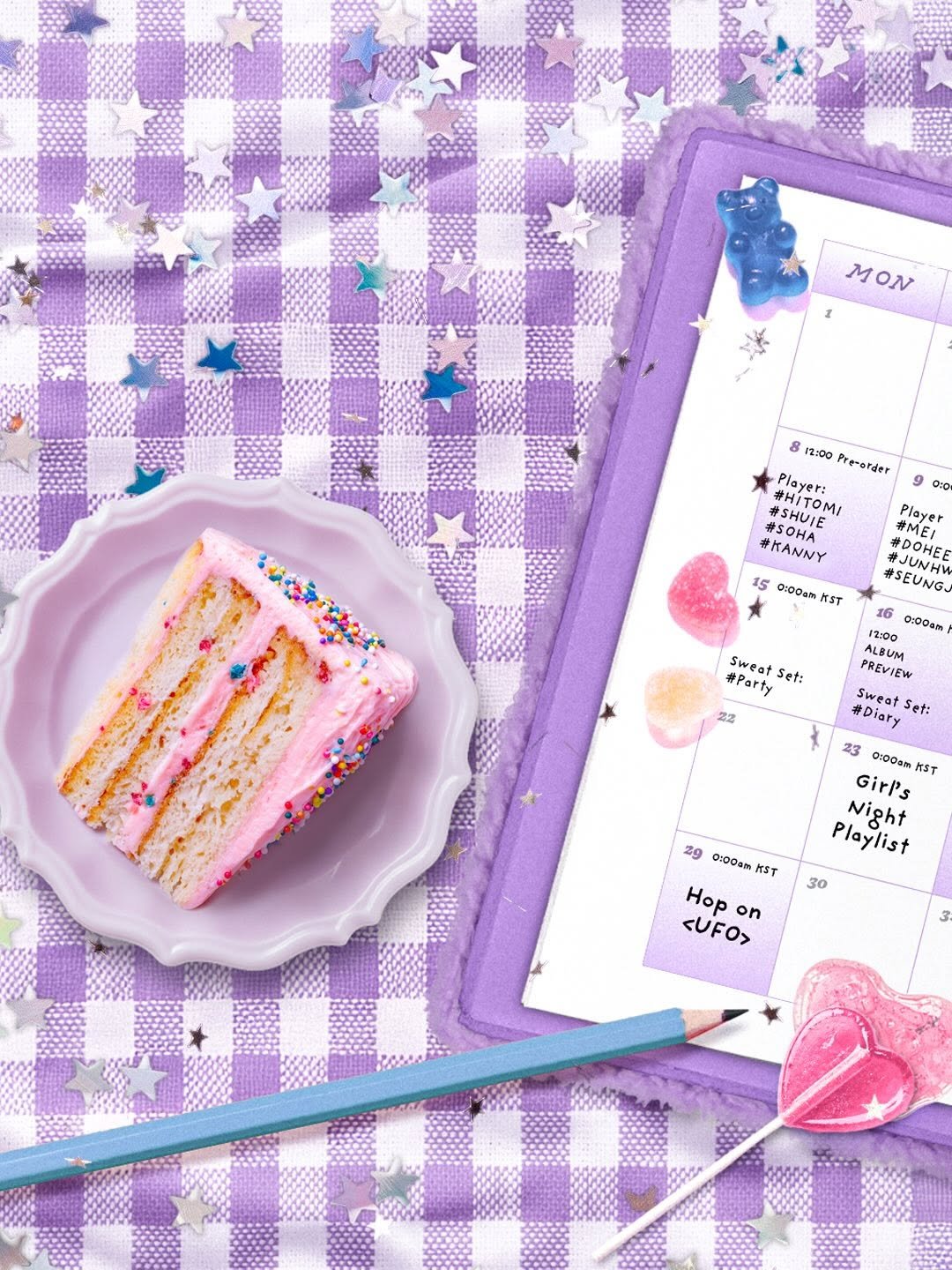 Photo by SAY MY NAME (세이마이네임) on December 02, 2025. May be an image of diary, calendar, tablecloth, card, placemat, clipboard and text that says 'MON ΟΝ M 8 12:00 Pre-order #SHUIE #HITOM/ Player: #SOHA #KANNY 15 0100ath ST Sweat #Party Sweatse Set: 22 OIC Player @DOHE RMEI #MEI JUNH #SEUNGJ 16 12:00 0:00am ALBUM PREVIEW Sweat #Diary Set: 23 1๐๐๐ห GirP's HST Playlist Night 30 29 010Oam RST Hop <UFO> on'.