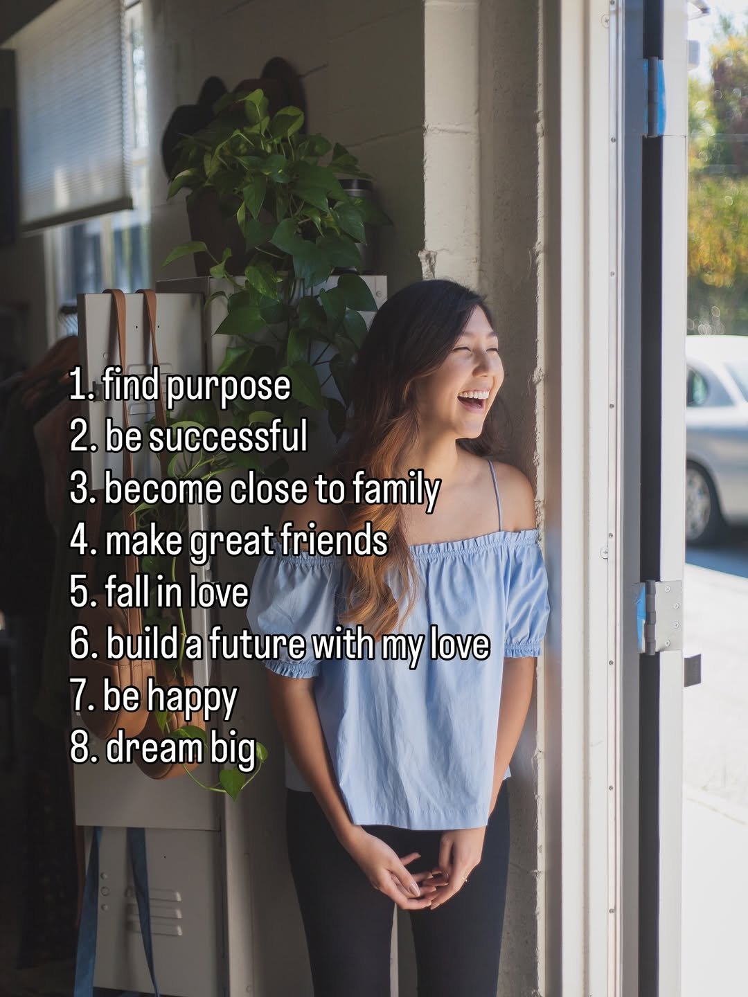 Photo by Sabrina 🫶🏼 life after loss on March 15, 2026. May be an image of one or more people, people smiling, people standing and text that says '1내 1. find purpose 2. be successful 3. become close to family 4. make great friends riends 5. fall in love 6. build a future with my love 7.be happy ya 8. 8.dream big'.